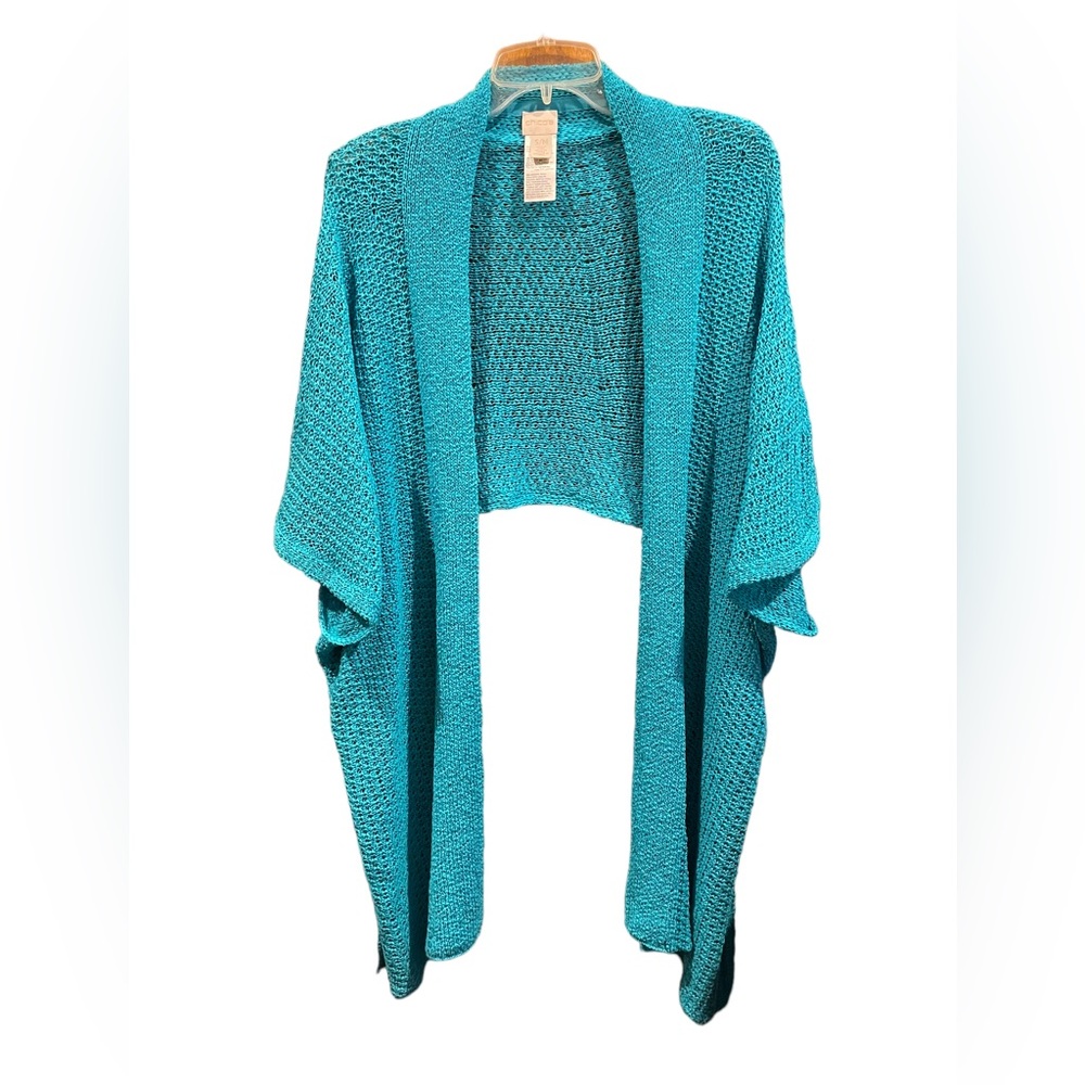Chico’s Aqua Blue Sleeved Crochet Knit Shawl Wrap Cape Sweater Size Small/Medium - Picture 2 of 7